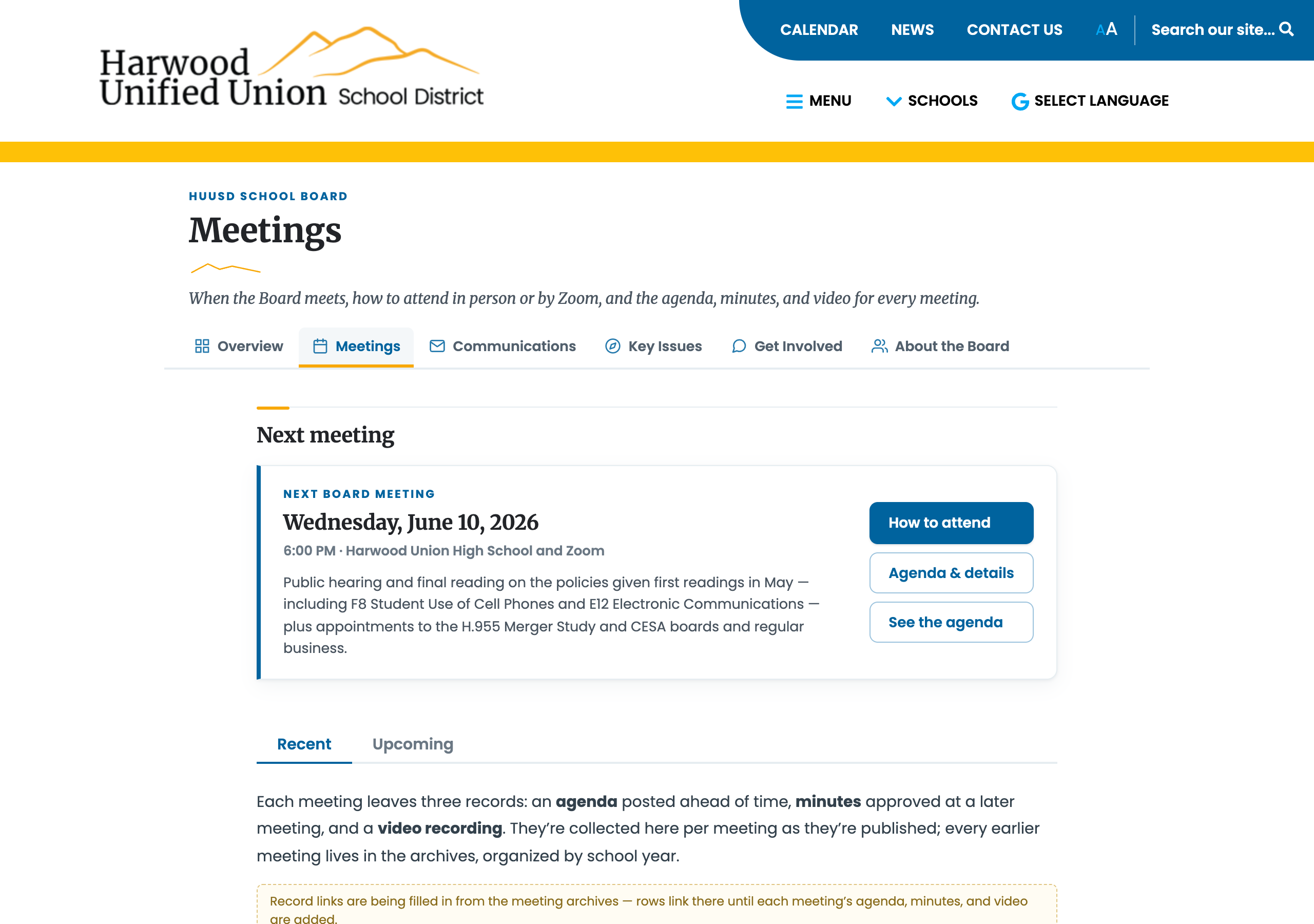Meetings: next meeting CTA, compact schedule strip, add to calendar